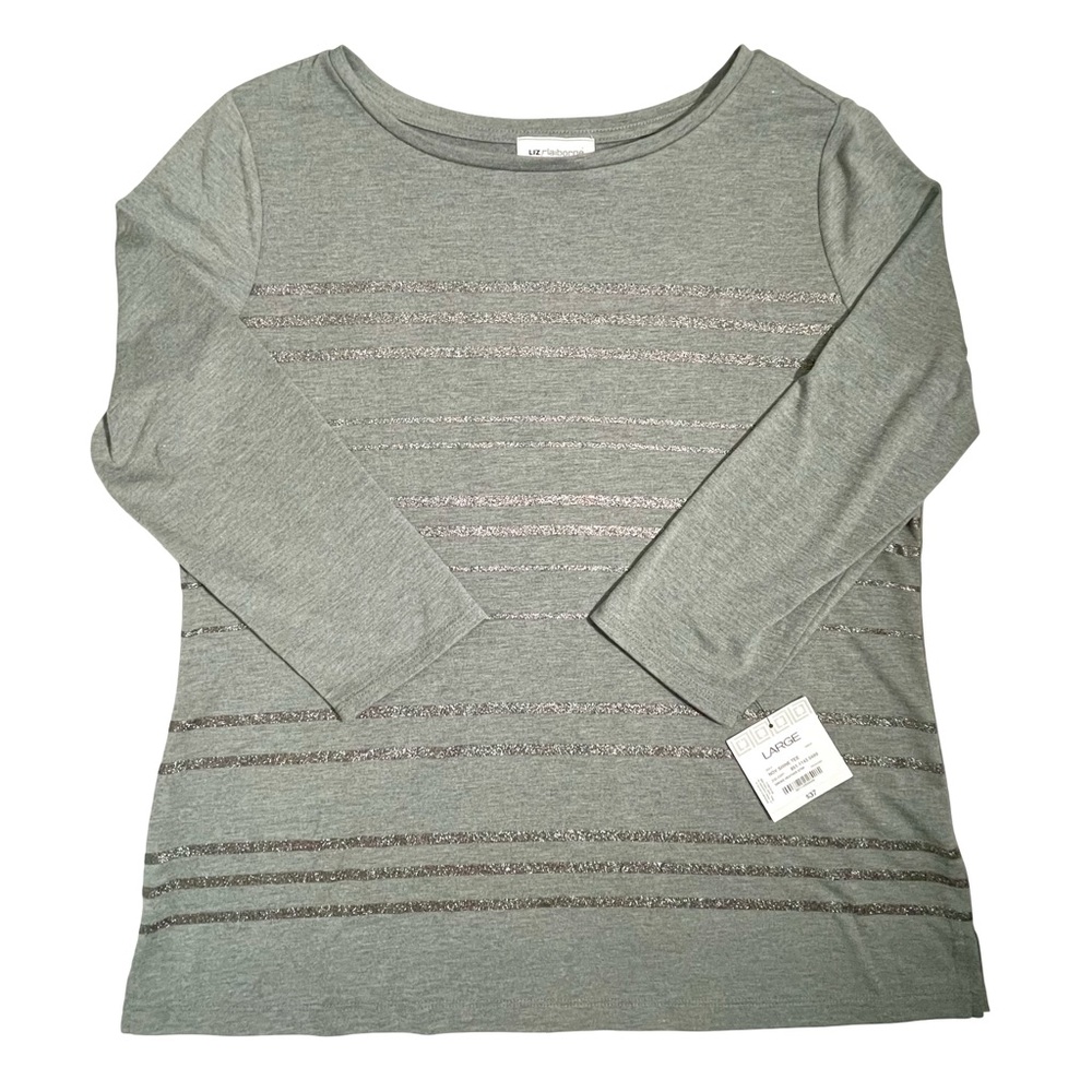 Liz Claiborne Boat Neck 3/4 Sleeve Pullover Gray Striped Knit Shirt Tee SzL NWT - Picture 8 of 9